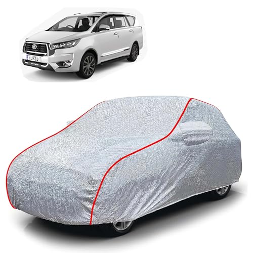 Image of Sulfar 100% Waterproof Car Body Cover Compatible with Mirror for Toyota Innova Crysta (Triple Stitched, Full Bottom Elastic, Magic Silver with Red Piping)