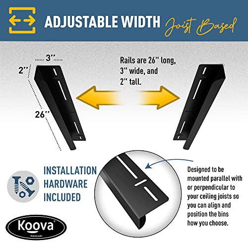Image of Koova Heavy-Duty Overhead Garage Storage Rack for 1 Bin. Adjustable Width, 40lb Capacity. DIY Super Safe Ceiling Mount, Easy 4-Bolt Install. Fits 27-Gallon Tote. USA Made Steel. Space Saving Organizer