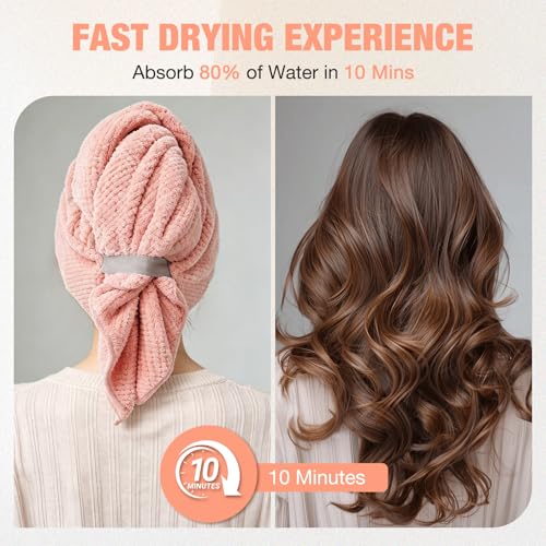 Image of 3 Pack Microfiber Hair Drying Towels for Women, Super Absorbent Microfiber Hair Towel for Curly Hair, Hair Drying Towel Wrap for Hair Care with Elastic Strap