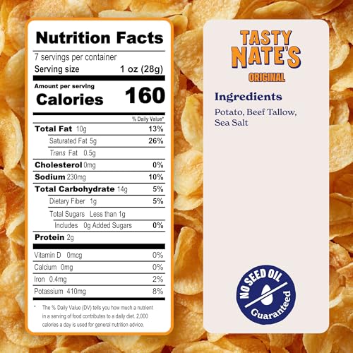 Image of Tasty Nate's Beef Tallow Potato Chips Original Sea Salt Kettle Chips Made with 100% Beef Tallow Seed Oil Free - Gluten Free Healthy Snacks Paleo Friendly 7oz Bag - Pack of 10