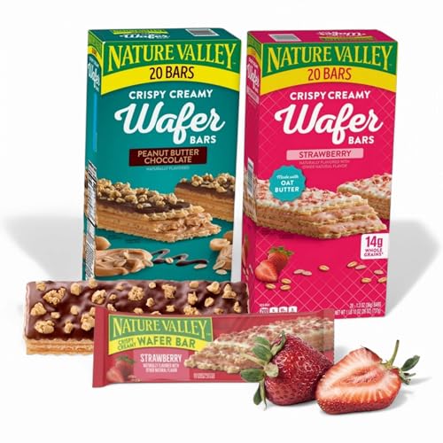 Nature- Valley Crispy Creamy Wafer Bars Variety Pack – Peanut Butter Chocolate & Strawberry, 20 Count Each (Total 40 Bars) – Custom bundled by MOOCHI