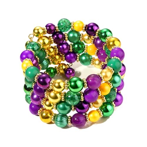 FAERLIIRY Mardi Gras Beads Bracelets for Women Carnival Stack Elastic Bracelets Mardi Gras Accessories Jewelry Gift (Purple Green Gold)
