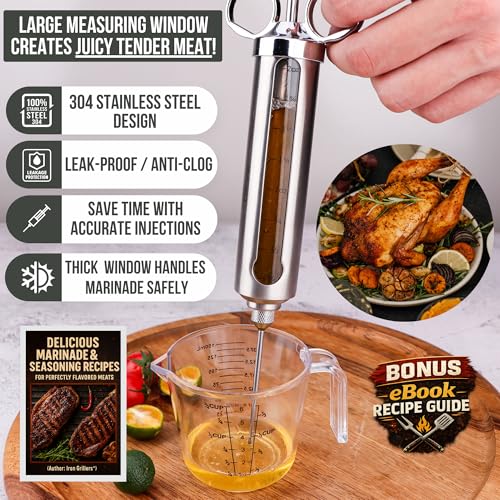 Image of Professional Meat Injector Marinade Syringe Kit for Smoking & Grilling Turkey, Brisket & BBQ - Large 2 Oz Visible Stainless Steel Capacity - Never Leaks or Clogs + Safe Grill Cleaner & Flavor Brush
