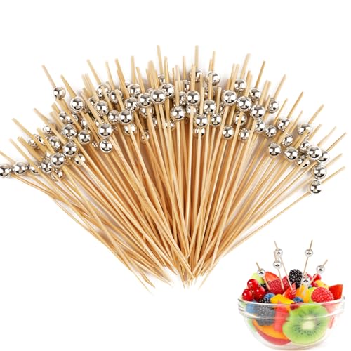 Cocktailspieße Set, 100 Stück Spiesse für Snacks Fingerfood, Holz Zahnstocher Partyspieße, Cocktail Sticks für Grillen, Antipasti, Obst, Süßigkeiten für Party Geschenk Fasching (Silber Perlen)