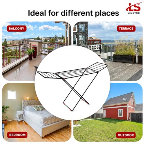 Image of LiMETRO STEEL Foldable Clothes Drying Stand for Balcony & Indoor Use | Heavy Duty Mild Steel Laundry Rack | Space Saving Folding Cloth Dryer Stand | Black