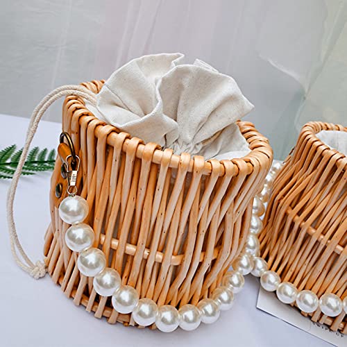 Aktudy Women's Summer Bohemian Rustic Beach Rattan Straw Bag with Pearl Handle and Drawstring Closure, Color23, Size 16*16*14cm - Image 5