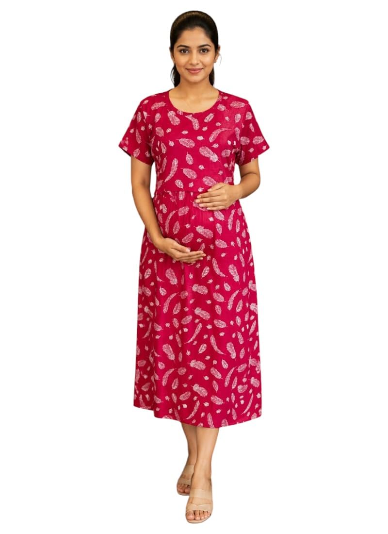 Maternity Maxi Ankle Length Feeding Dress Nursing Maxi Zipless Nursing Ankle Length Dress Maternity Clothing (in, Alpha, L, Regular, Standard, Red Leaf)-image-39