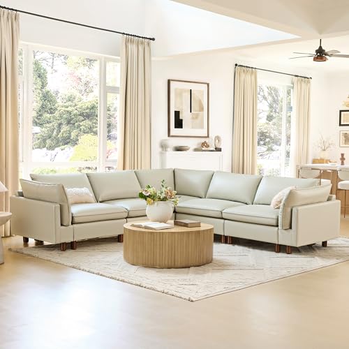 Image of CHITA 118 inch Leather Super Large Sectional Couches for Living Room, Modular Cloud Sofa, Premium Genuine Leather Sofa, Down Filled, High Density Foam, Real Leather in Cream, 5 Seat Corner Couch