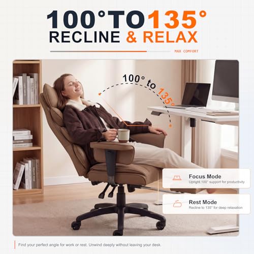 Image of Dowinx Big and Tall Office Chair with Pocket Spring Cushion,High Back Computer Gaming Chairs with Adjustable Armrests,Executive Desk Chairs with Lumbar Support and Footrest,PU-Brown