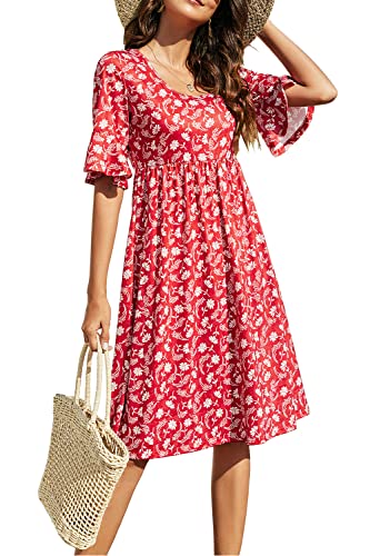 Hiistandd Damen Kurzarm Rundhals Kleid Blumen Schwingen Sommerkleider...