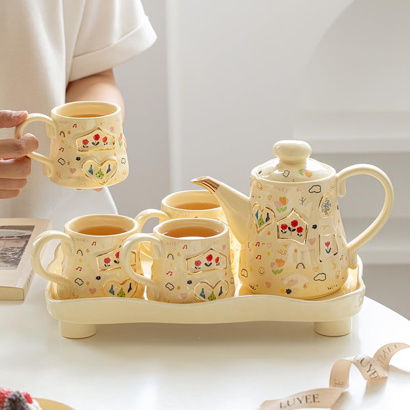 Ceramic Teapot And Cup Set - Sleek Ceramic Drinkware Ideal For Tea Coffee Beverages Gift For Home