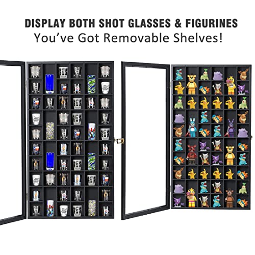 Shot Glass Display Case Large Wooden Cabinet Rack Holder Wall Mounted Black Shadow Box Lockable With Uv Protection Acrylic Glass Door Shot Glass Storage Case With Removable Shelves, 17"X32", 52 Slots #TOP3