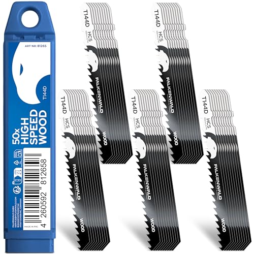 FALKENWALD® Stichsägeblätter Holz 50x T144D - High Speed Wood - 100 mm Länge, 4 mm Zahnteilung - Für Weichholz, Hartholz, OSB, MDF & Laminat - Passend für Bosch & alle T-Schaft Stichsägen