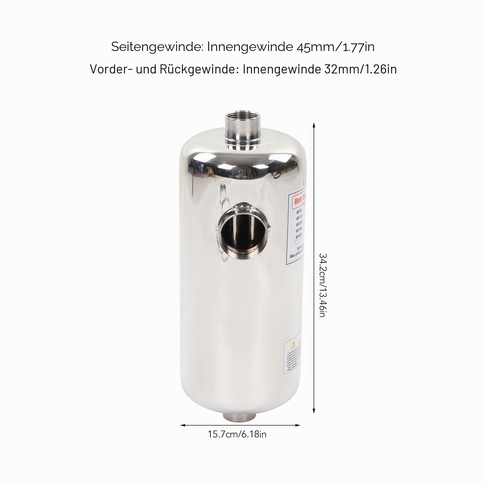 Fockety Pool-Wärmetauscher, 40 KW Edelstahl-Rohrmantel-Wärmetauscher, Salzwasser-Wärmetauscher mit Seitlichem 1,77-Zoll-Innengewinde für Spa, Schwimmbad, Solar-Pool-Heizung