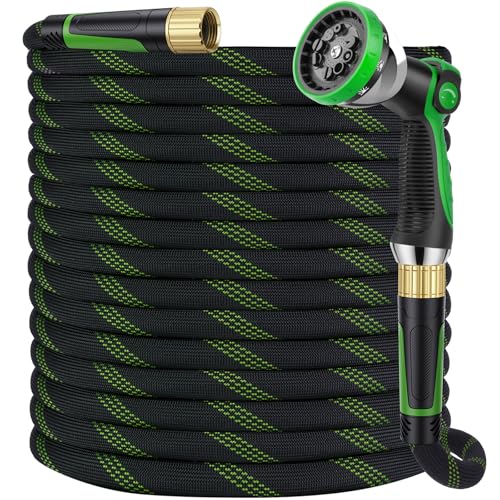 HORTICORA Garden Hose 150 ft Non-Expandable Ultra-Lightweight Flexible Hose with 360 Dual-End Anti-Kink Design 10-Pattern Spray Nozzle 500 PSI Leak-Proof 96-Strand Braided Fabric Storage Strap
