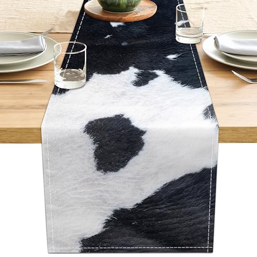 Linen Cow Print Table Runner 13x71 Inch Farmhouse Western White Black Cowhide Runners Table Decorations Rustic Coffee Table Runner for Home Kitchen Dining Room
