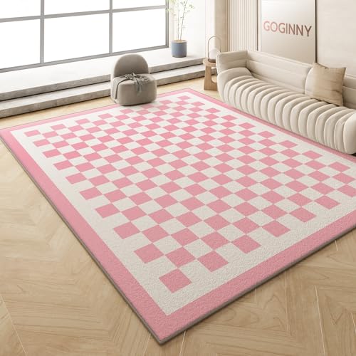 Waschbarer karierter Teppich für Wohnzimmer, rosa Schachbrett, Boho-Teppich, Kunstwolle, niedriger...