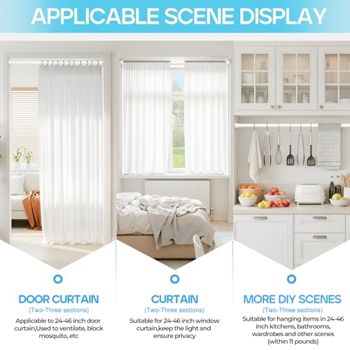 Image of Spring Tension Curtain Rod 24-46 inch, Adjustable Expandable Tension Curtain Rod No Drilling, Tension rods for Window Doorway Kitchen Curtain, White