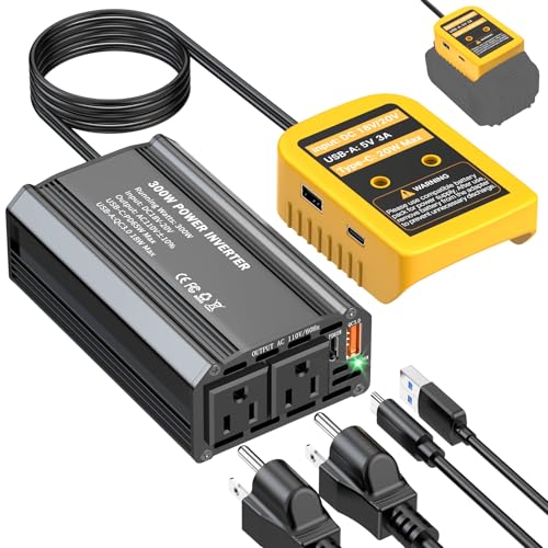 TANHEYIN 300W Power Inverter Compatible with Dewalt 20V Battery - DC 20V to AC 110V Battery Converter Portable Power Station with PD 65W Type-C Fast Charging & 2 AC Outlet & 2 USB-A & 1 Type-C 20W