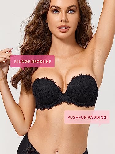 DOBREVA Women's Strapless Push Up Bra Lace Plus Size Plunge Padded Underwire Bras Add 1 Cup4