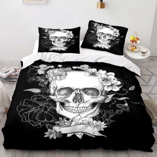 Housse de couette squelette noir 90x190 avec taie 65x65 en microfibre pour lit enfant