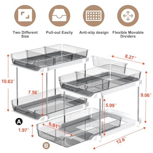 Delamu 2 Sets of 2-Tier Multi-Purpose Bathroom Under Sink Organizers and Storage, Stackable Kitchen Pantry Organization, Pull Out Medicine Cabinet Organizer with 8 Movable Dividers, Grey