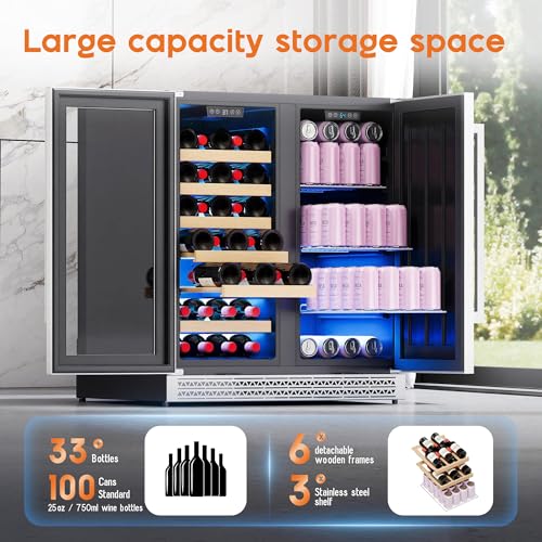 Image of Albott 30 Inch Wine and Beverage Refrigerator, 37-64℉ Dual Zone Wine Cooler with Digital Temperature Control, Built-in or Freestanding for Home or Bar, Holds 33 Bottles 100 Cans Beer, Soda, Champagne
