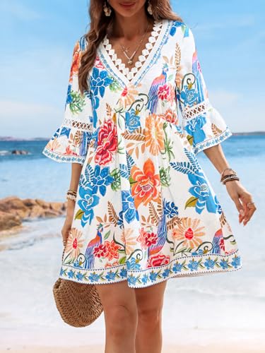 Image of CUPSHE Women V Neck Lace Trim Mini Summer Dress Cover Up 3 /4 Sleeve Ruffled Cuff Casual Sundress Beach Dresses Cover Ups