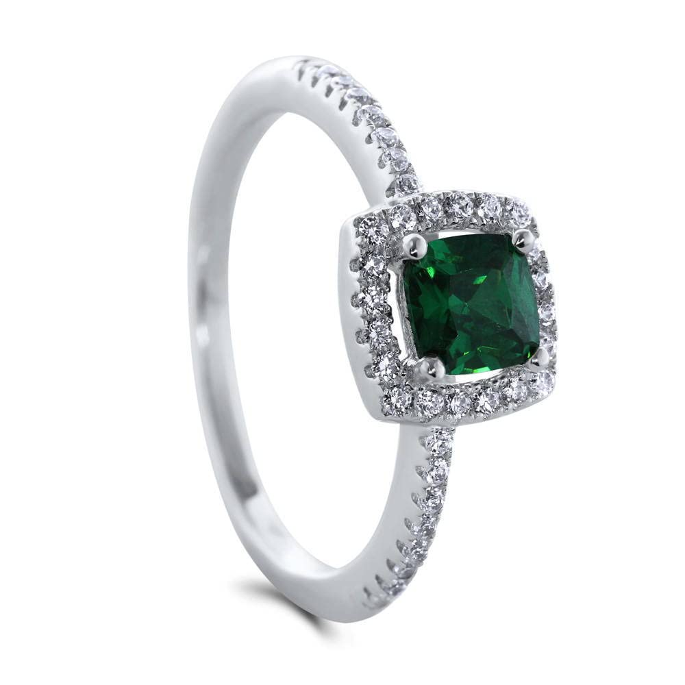 BERRICLE Sterling Silver Halo Wedding Engagement Rings Simulated Emerald Cushion Cut Cubic Zirconia CZ Promise Ring for Women, Rhodium Plated Size 4-10