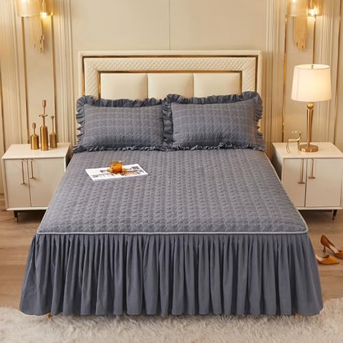 Falda de cama Queen de algodón transpirable gris oscuro para cubrir somier y almacenar 2