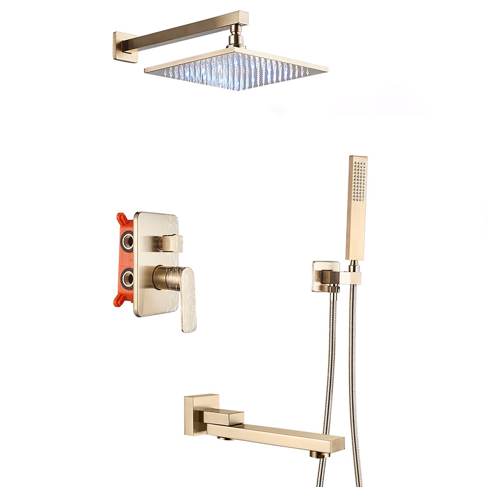 Pomme de douche à LED et set de mitigeur en laiton or brossé 16 pouces