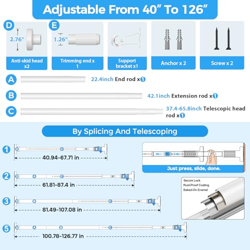 Image of AIZESI 41-124 Inch Heavy Duty Tension Curtain Rod - No Drilling, Adjustable, Rust-Resistant for Outdoor, Living Room, Window, Bathroom (White, 41 inch to 124 inch|2PACK)