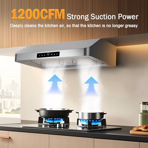 36 Inch Under Cabinet Range Hood 1200CFM, 4-Speed Kitchen Hood with Touch Control & Gesture Sensing Stainless Steel Kitchen Stove Vent Hoods with 2 LED Lights Supreme Series