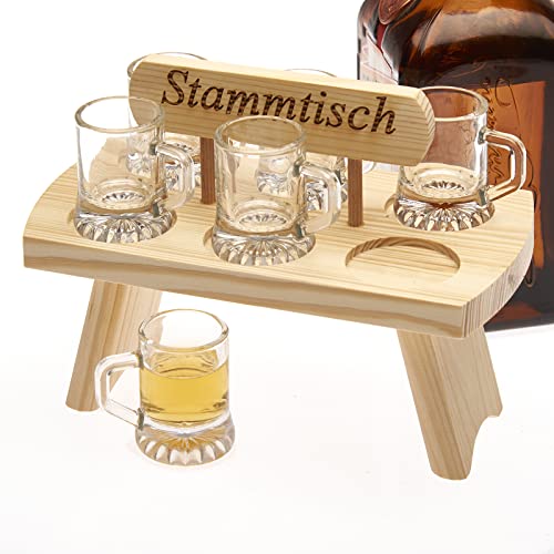 Smart-Planet Schnapstablett Stammtisch aus Holz mit 6 Gläsern für Schnaps und Likör - Rustikale Schnapsbank mit Aufschrift Stammtisch - Schnapsgläser das Männer Geschenk