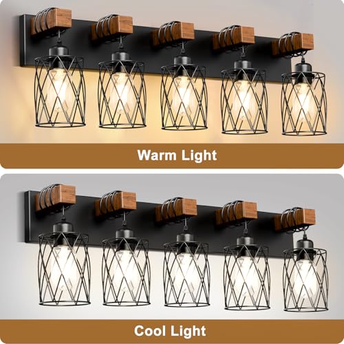 Image of IZORRO Farmhouse Bathroom Vanity Light, 5-Light Wood Bathroom Light Fixtures Over Mirror, Black Industrial Vanity Lights with Metal Shade, Rustic Restroom Lighting Fixtures