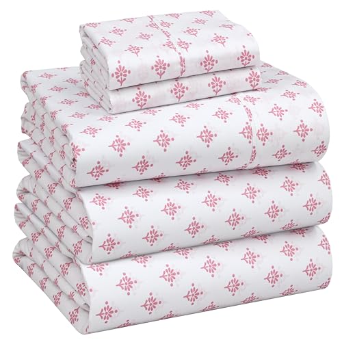 Image of RUVANTI 100% Cotton Percale Sheets Split King Size, Block Print Motif | Crisp Cooling, Deep Pocket 16 inch, Soft Breathable & Durable, Hotel-Style, 5 Piece Set
