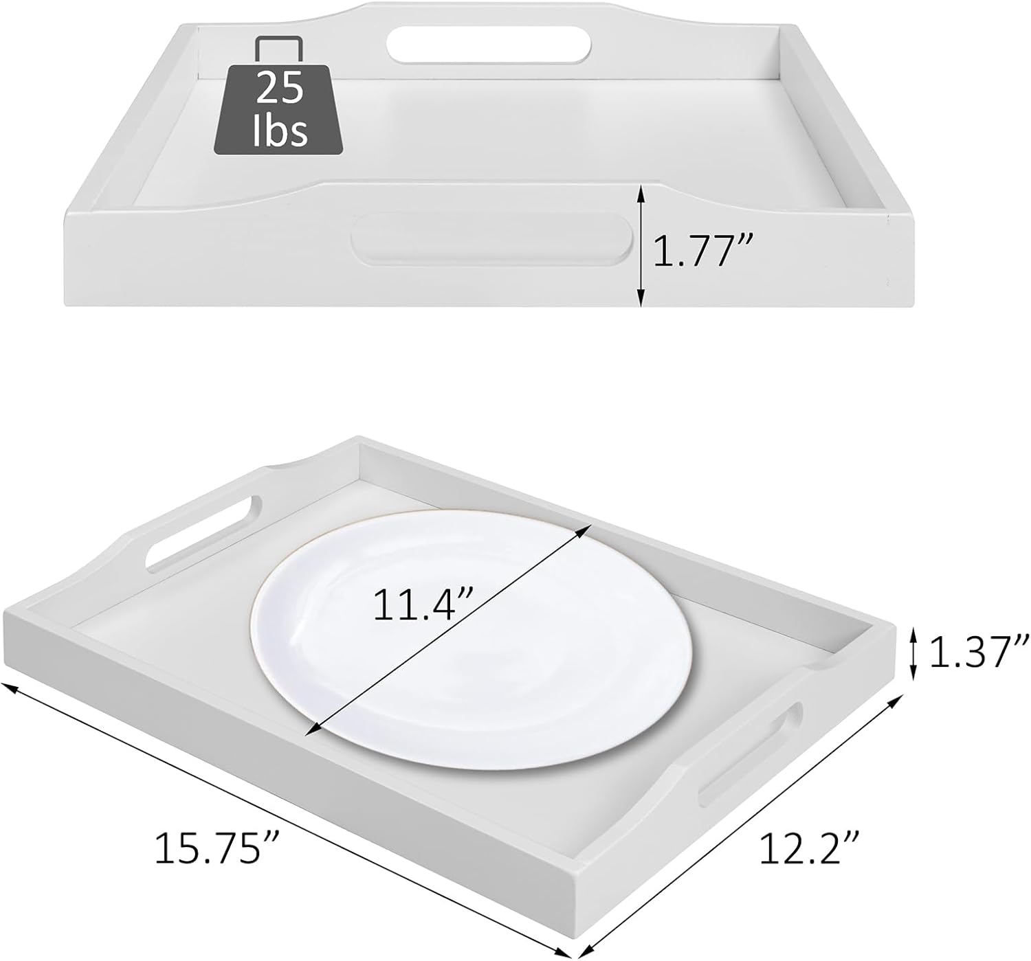 Bamboo Food Serving Tray with Handles, Breakfast Bed Tray for Tea,Snack,Dinner, Home Decorative Storage Food, Platter, Ottoman for Kitchen Counter, Bathroom, Restaurant (White) - Image 3