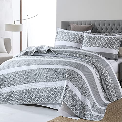 Perhom King Quilt Sets 100% Cotton King Size Quilt, Bluish Gray Stripe Quilt Floral Bedspread, Lightweight King Quilt Bedding Sets For All Season, 3 Pieces #TOP1