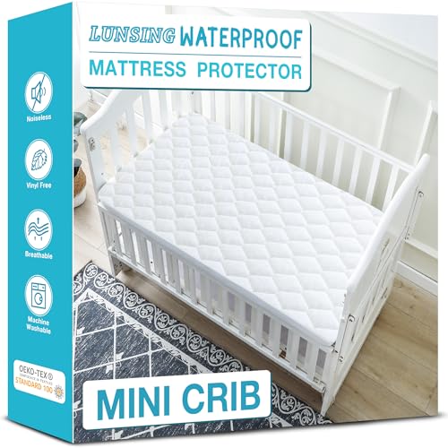 Image of Lunsing Waterproof Mini Crib Mattress Protector, Soft Breathable Mini Crib Size Mattress Pad Cover, 3-10 inches Deep Pocket, White