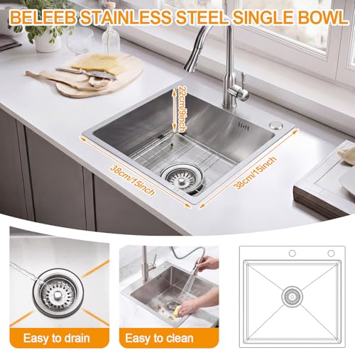 Image of Geetery 15 x 15 Inch Drop in Bar Sink, 9 inch Deep Single Bowl 304 Stainless Steel Top Mount Small Kitchen Sink Set with Grid Drain Strainer P-trap Drain Kit for Outdoor Rv Bar Coffee Laundry