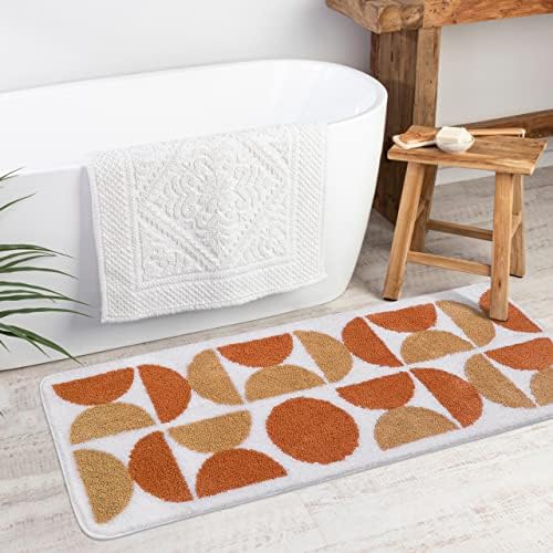 Uphome Boho Bathroom Rug Runner Orange and White Non-Slip Long Bathroom Rug Soft Shaggy Water Absorbent Bath Mat Modern Boho Geometric Washable Floor Mats for Tub Sink Shower Kids Room, 18x47 inch