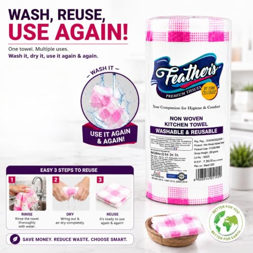 Image of Feather's Smartchoice Reusable Kitchen Towel Roll | 80 sheets per roll | Washable Non Woven Tissue, Clean wet surface, dishes, appliance, etc | Wash, Re-use and Repeat (Pack of 4)