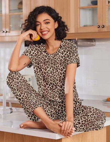 Image of Ekouaer 2 pack Pajama Sets for Womens Jogger Pants Pjs Short Sleeves Lounge Set Soft Sleepwear with Pockets