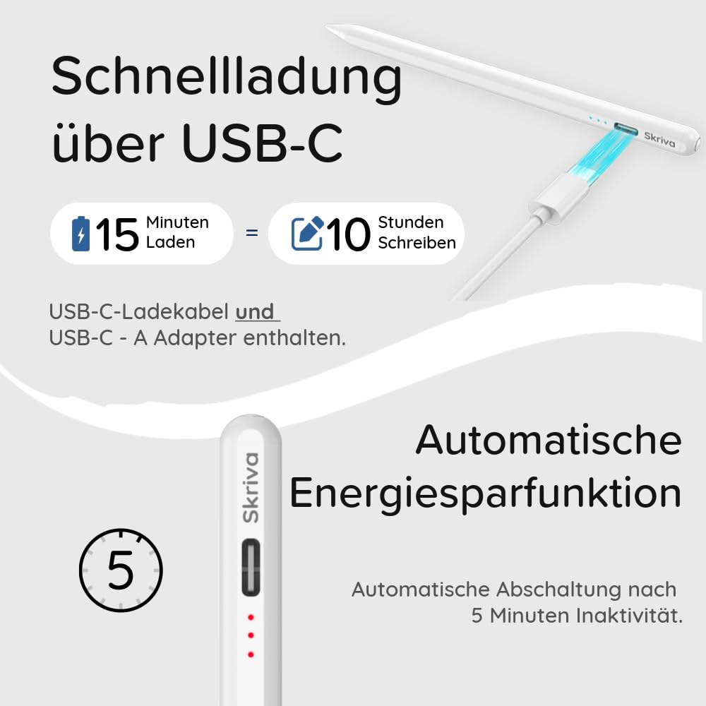 Stylus für iPad (ab 2018) mit Shortcut-Taste, Neigungserkennung & Handballenerkennung, magnetisch, USB-C Schnellladung, Batterieanzeige, Case & Ersatzspitzen