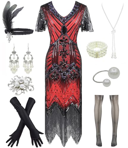 Image of Women 1920s Gatsby Vintage Sequin Flapper Fringe Party Plus Dress with 20s Accessories Set
