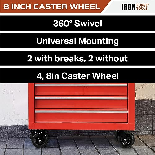 Image of Iron Forge Tools 8 Inch Heavy Duty Swivel Knobby Casters Set of 4, 7-7 /8 inchDiameter, Solid PU Knobby Tread Heavy Duty Caster Wheels, Swiveling Bases, Two Casters with Brakes, Two Without, Black & Red
