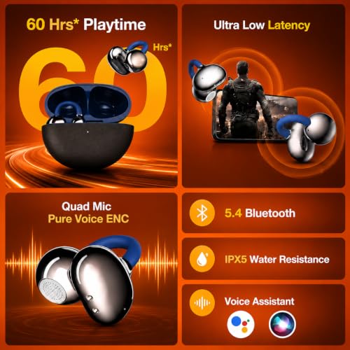 Image of Wireless Open Ear Buds with 60H Battery, 12mm Custom Drivers, Spatial Audio, Premium Leather Dual Form Design, Low Latency, Quad Mic ENC, Ambient Awareness, IPX5 - Black (Black)
