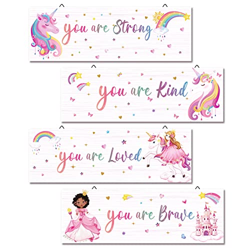 Image of decalmile 4 pieces Unicorn Princess Castle Rainbow Motivational Wooden Signs Hanging Wall Plaque You Are Kind Braved Inspirational Quotes Wall Decor Sign for Teen Baby Girl Nursery Home Art Decor
