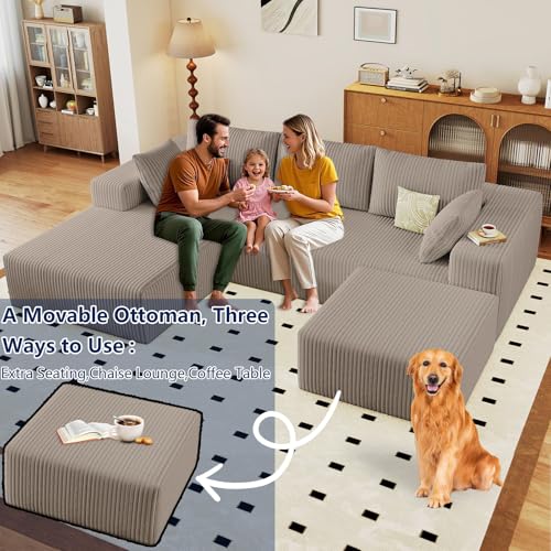 Image of 96 inch Modular Sectional Sofa with Ottoman, Modern Corduroy Cloud Couch with Deep Seat, Boneless Couch Upholstered 3-Seater U-Shaped Sofa for Living Room, No Assembly (Camel,Left-Facing Chaise)