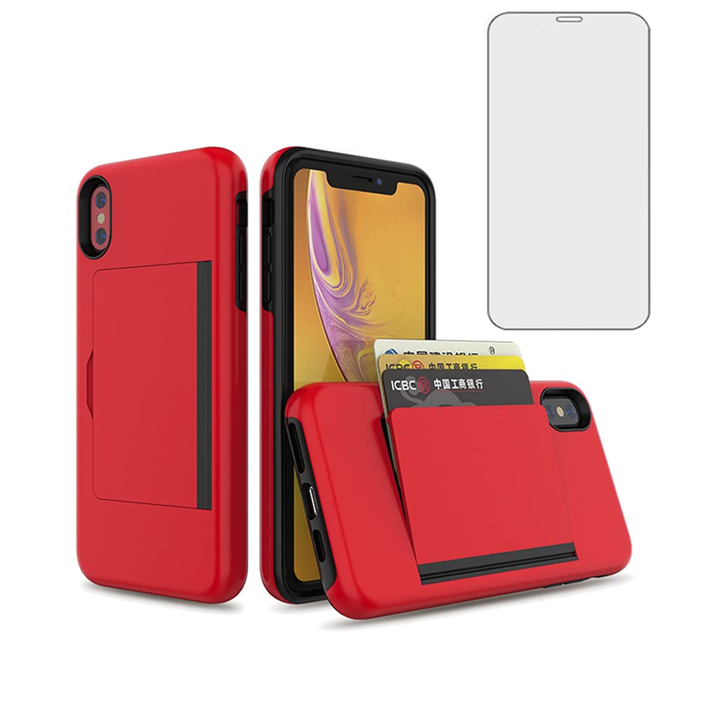 Asuwish Phone Case for iPhone XR 6.1 with Tempered Glass Screen Protector Cover and Credit Card Holder Stand Slim Hybrid Cell iPhoneXR iPhone10R i Phonex 10XR 10R RX CR iPhoneXRcases Women Men Red